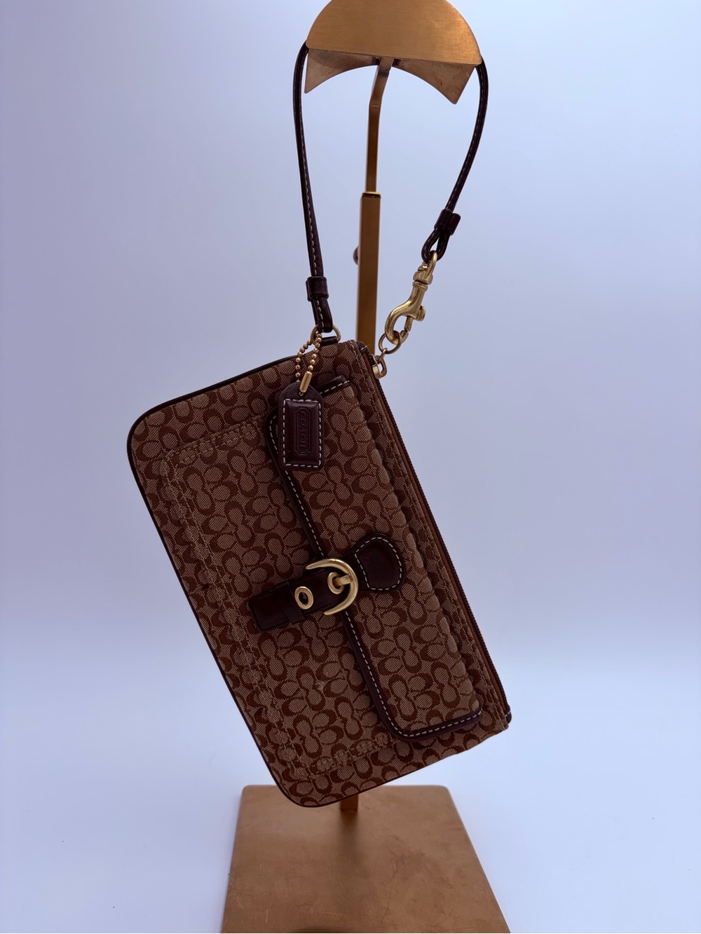 Coach Signature Jacquard Wristlet Pouch Khaki Brown Canvas Leather Trim